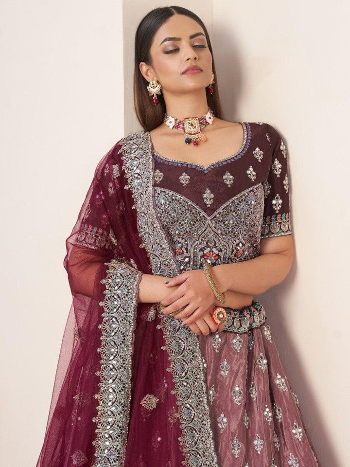 Maroon Thread Work Satin Engagement Wear Lehenga Choli