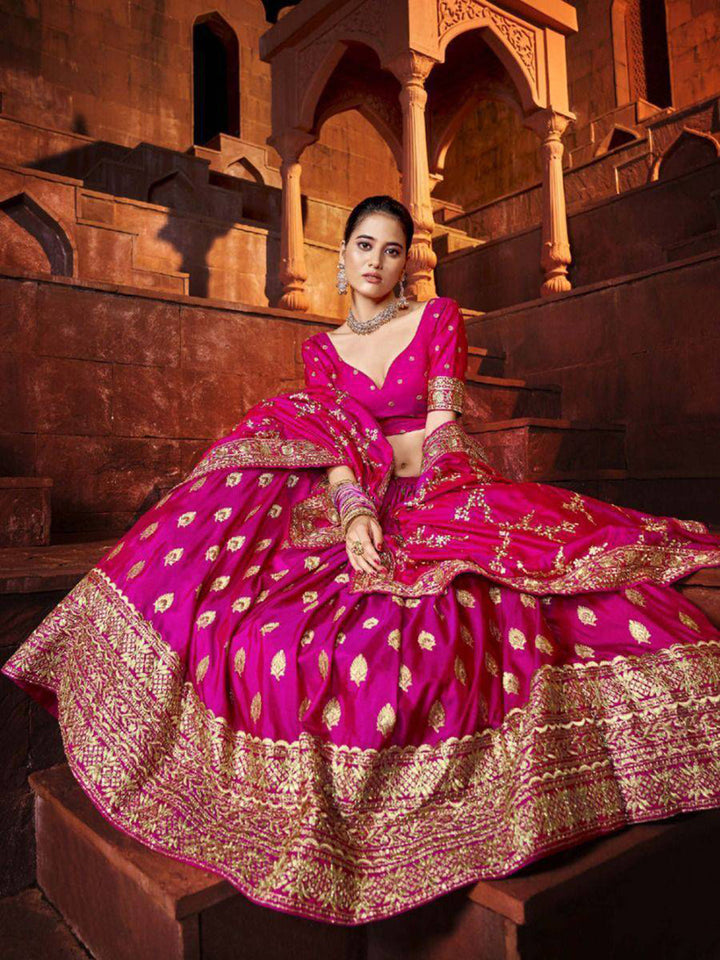 Hot Pink Sequins Silk Wedding Lehenga Choli With Dupatta
