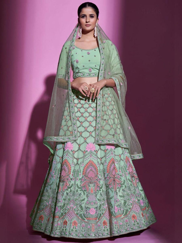 Pista Green Thread Georgette Wedding Wear Lehenga Choli