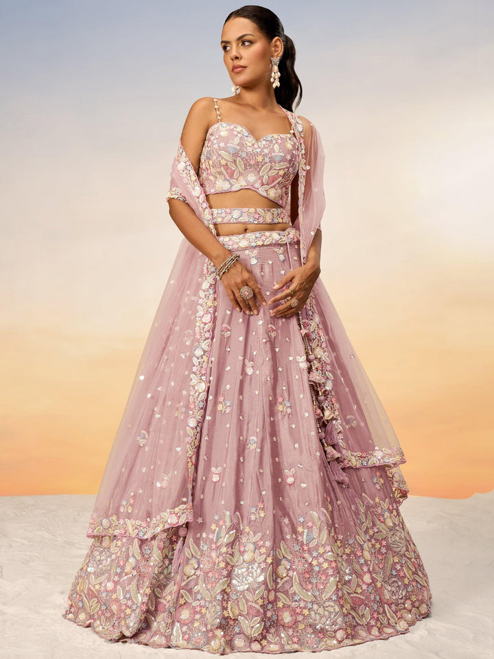 Pink Embroidered Chiffon Reception Wear Lehenga Choli