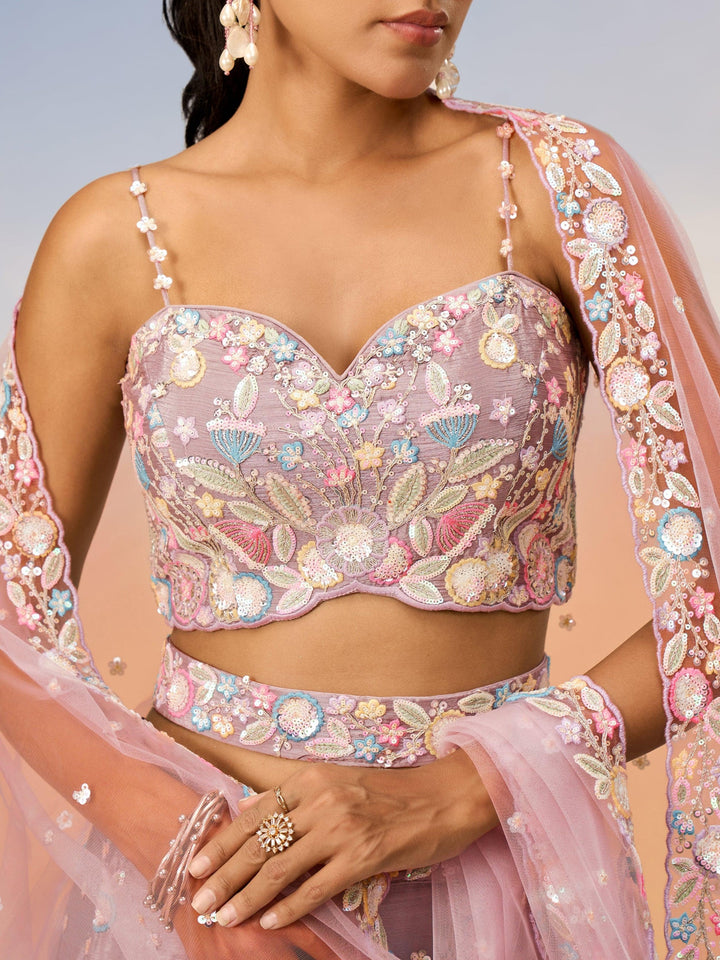 Pink Embroidered Chiffon Reception Wear Lehenga Choli