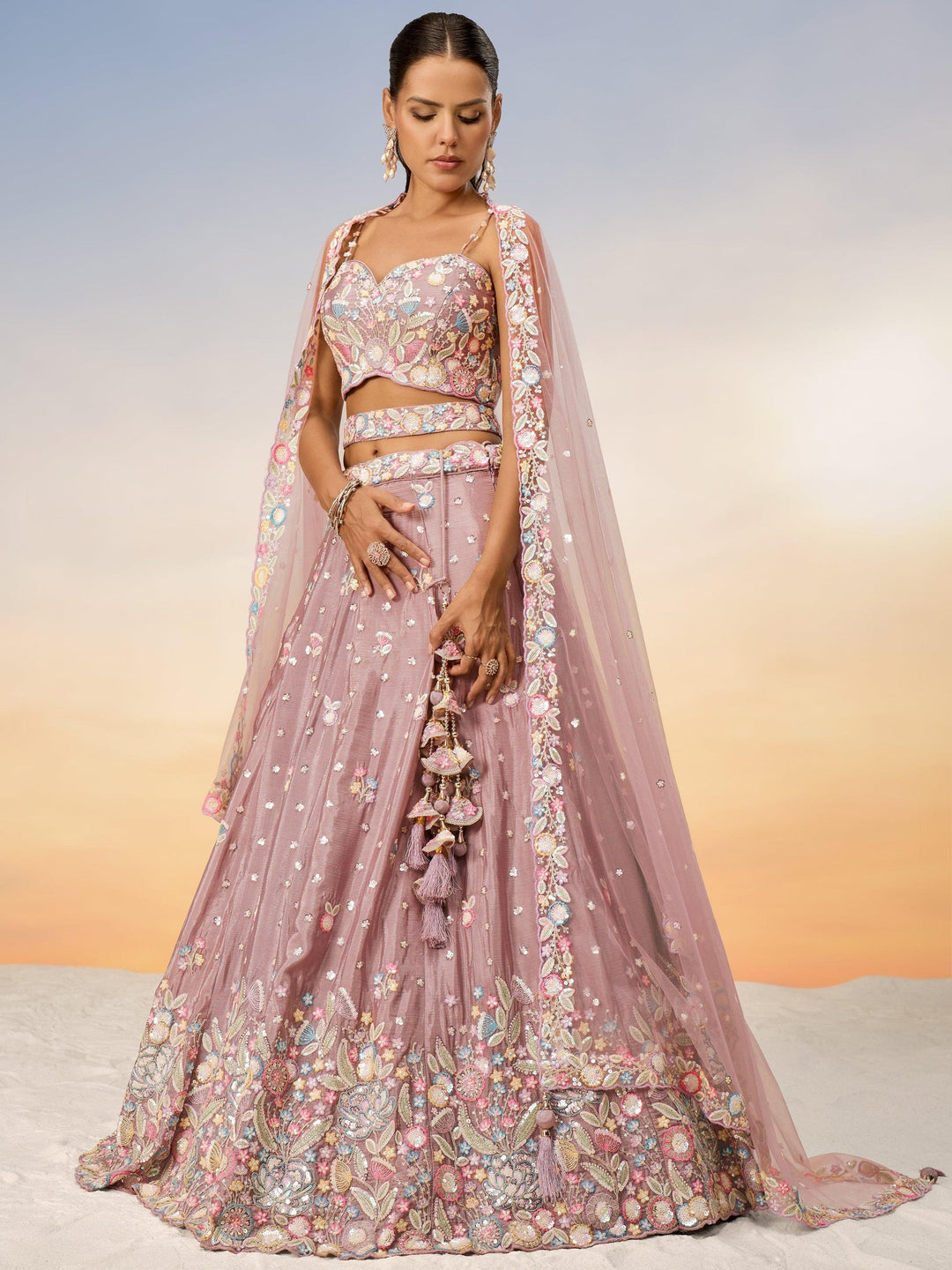 Pink Embroidered Chiffon Reception Wear Lehenga Choli