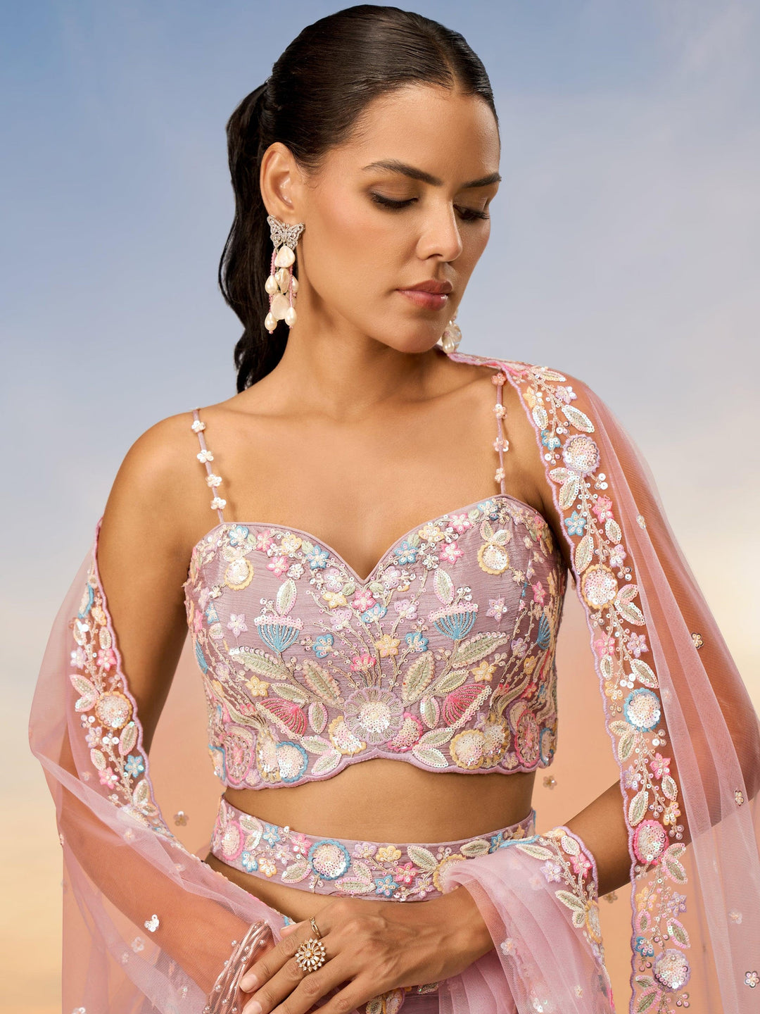 Pink Embroidered Chiffon Reception Wear Lehenga Choli