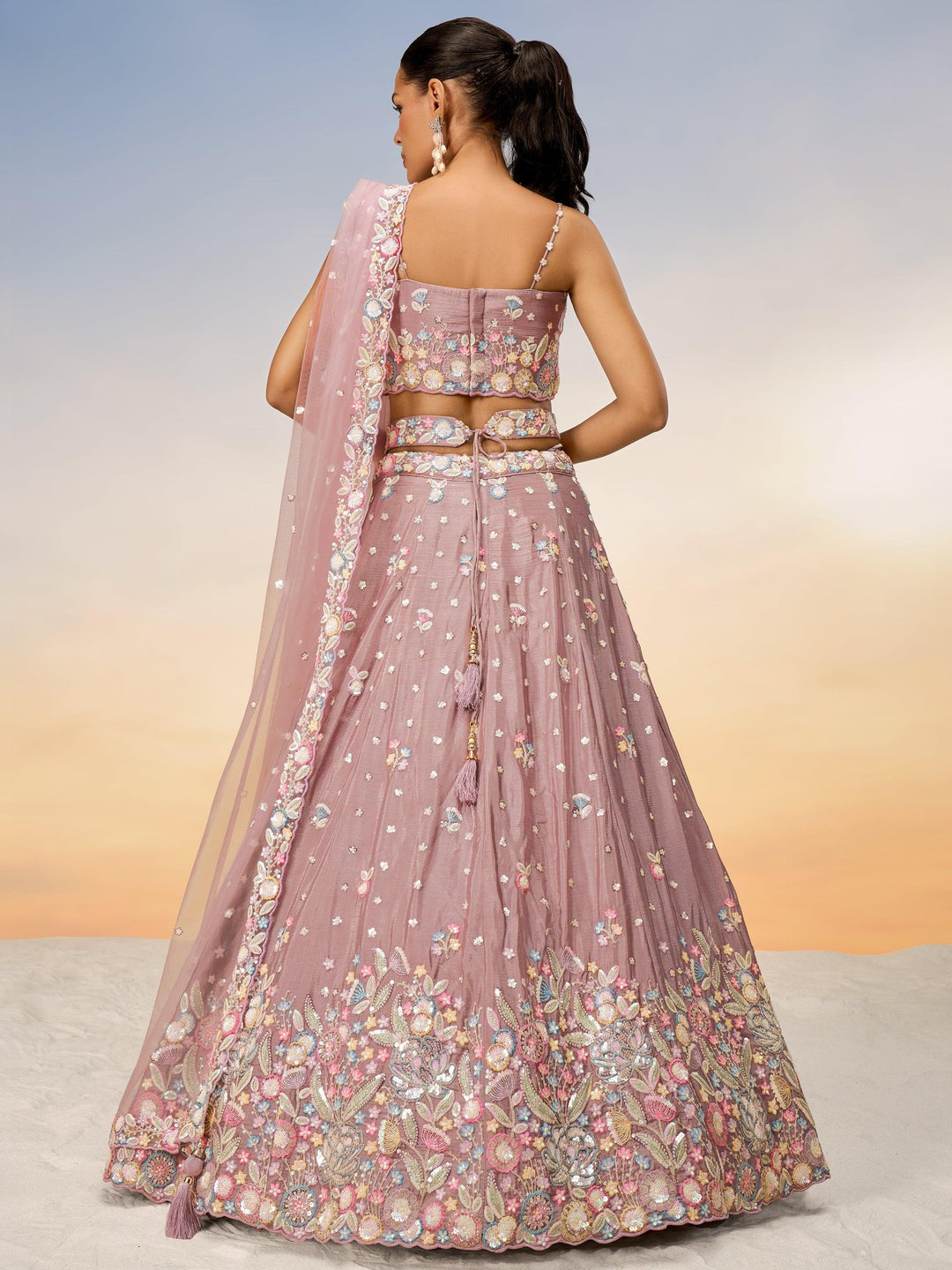 Pink Embroidered Chiffon Reception Wear Lehenga Choli