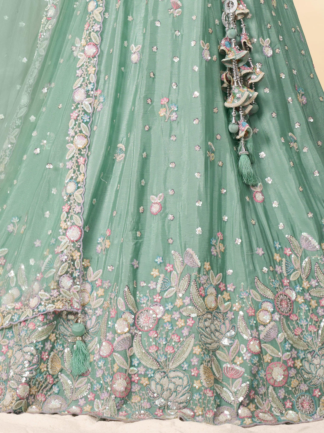 Sea Green Sequins Chiffon Engagement Wear Lehenga Choli