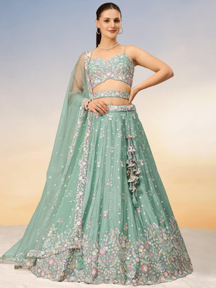 Sea Green Sequins Chiffon Engagement Wear Lehenga Choli