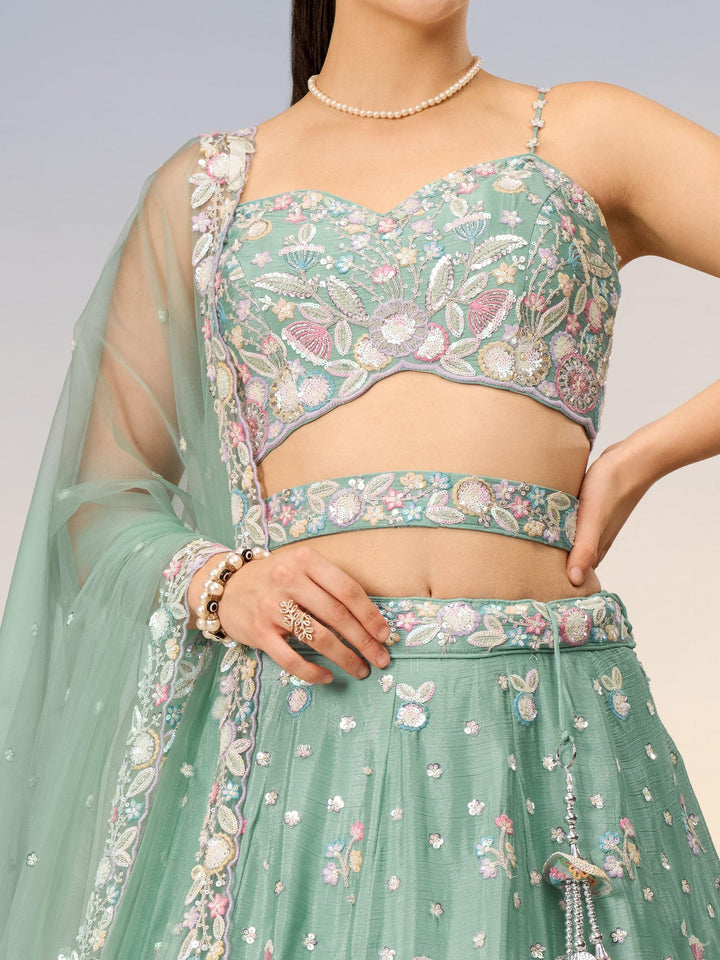 Sea Green Sequins Chiffon Engagement Wear Lehenga Choli