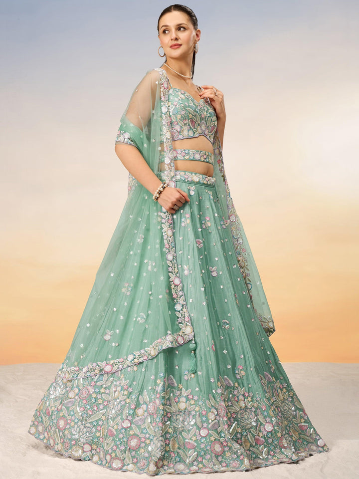 Sea Green Sequins Chiffon Engagement Wear Lehenga Choli