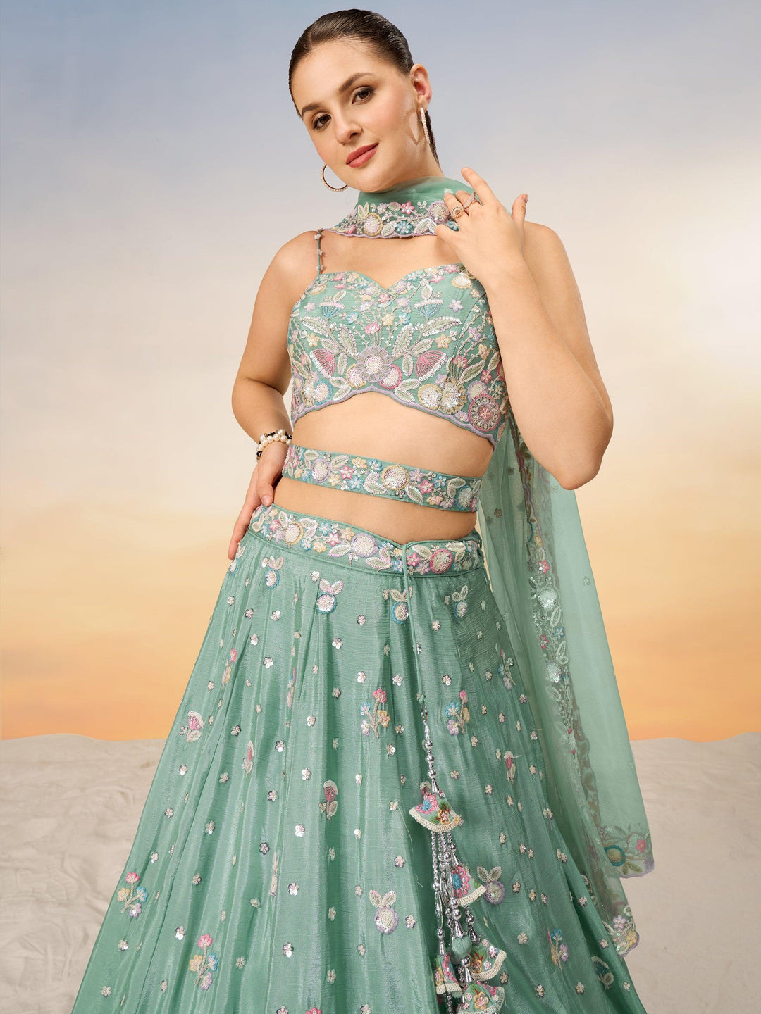 Sea Green Sequins Chiffon Engagement Wear Lehenga Choli