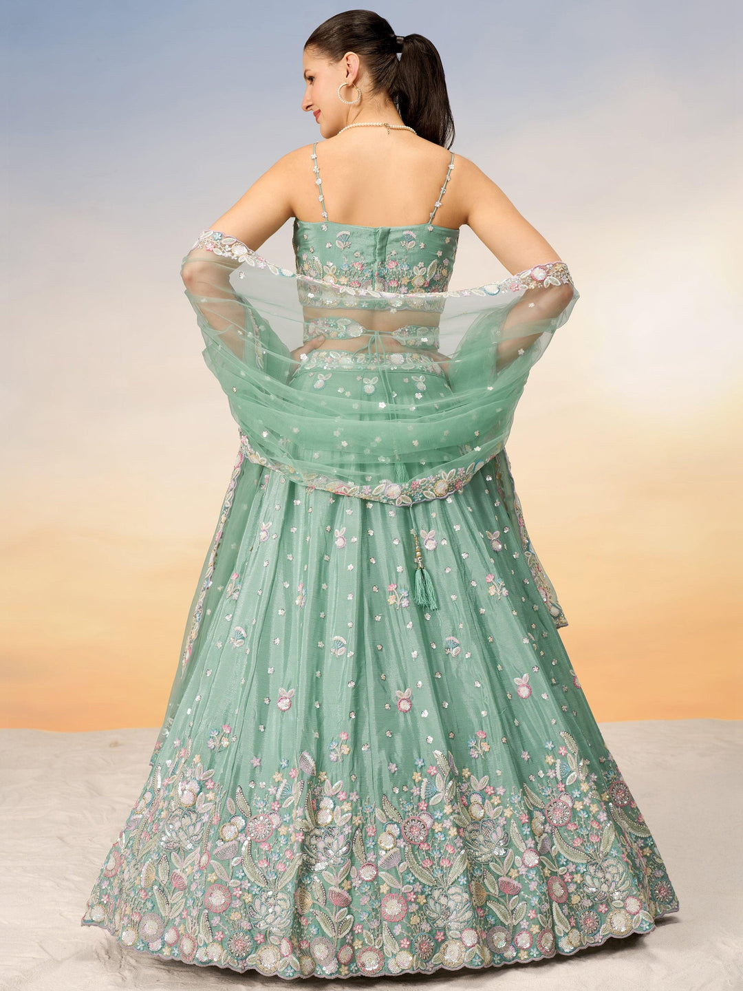 Sea Green Sequins Chiffon Engagement Wear Lehenga Choli