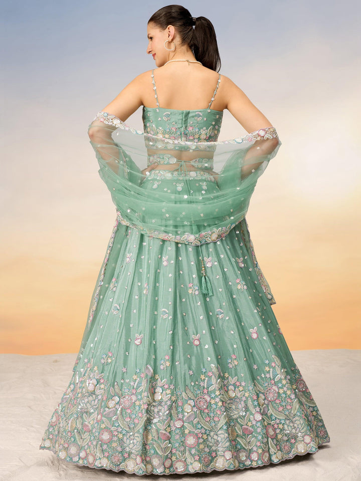Sea Green Sequins Chiffon Engagement Wear Lehenga Choli