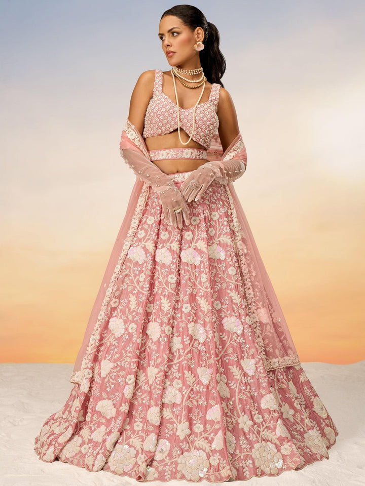 Peach Sequins Georgette Designer Lehenga Choli