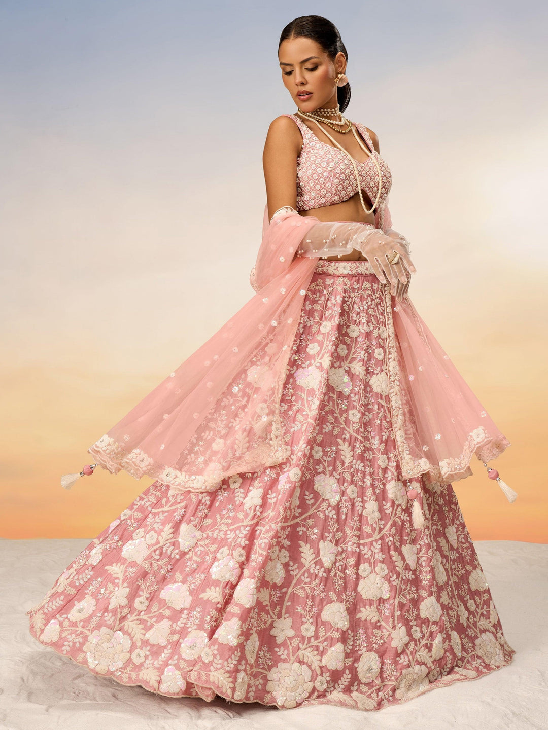 Peach Sequins Georgette Designer Lehenga Choli