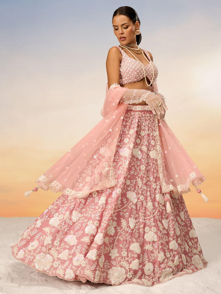 Peach Sequins Georgette Designer Lehenga Choli