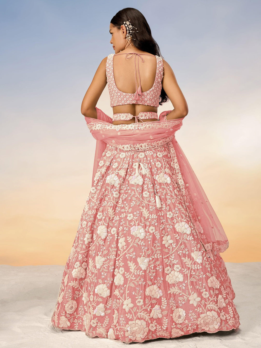 Peach Sequins Georgette Designer Lehenga Choli