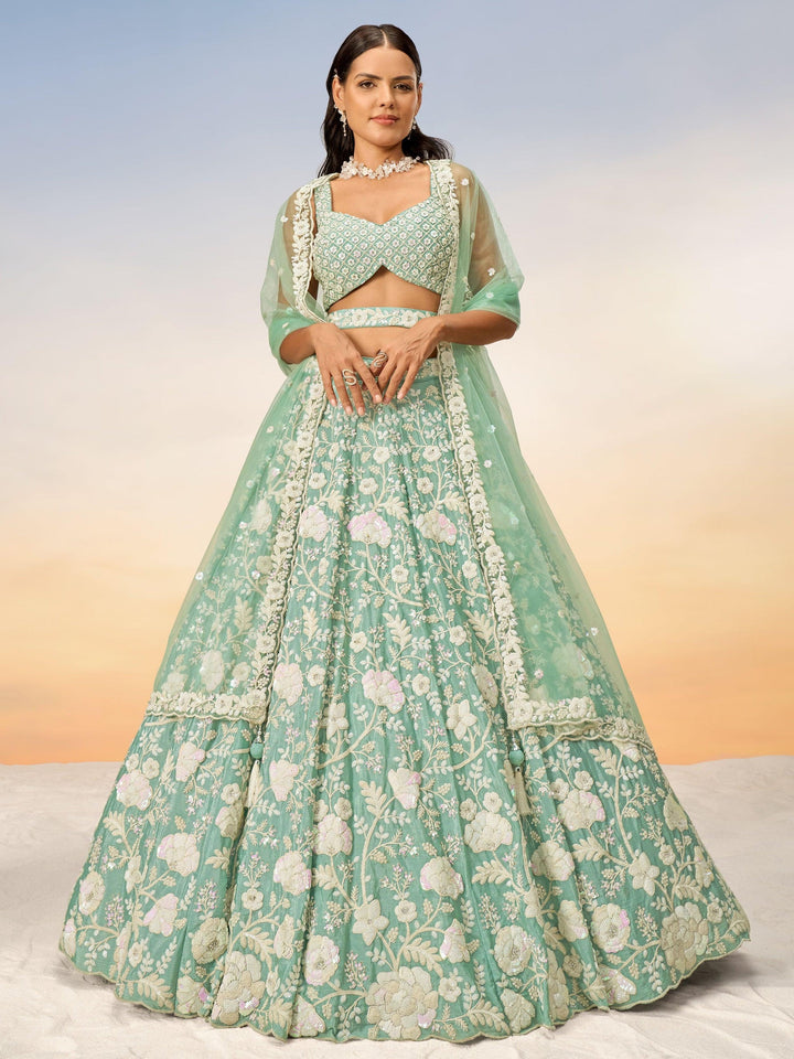 Sea Green Sequins Georgette Engagement Wear Lehenga Choli