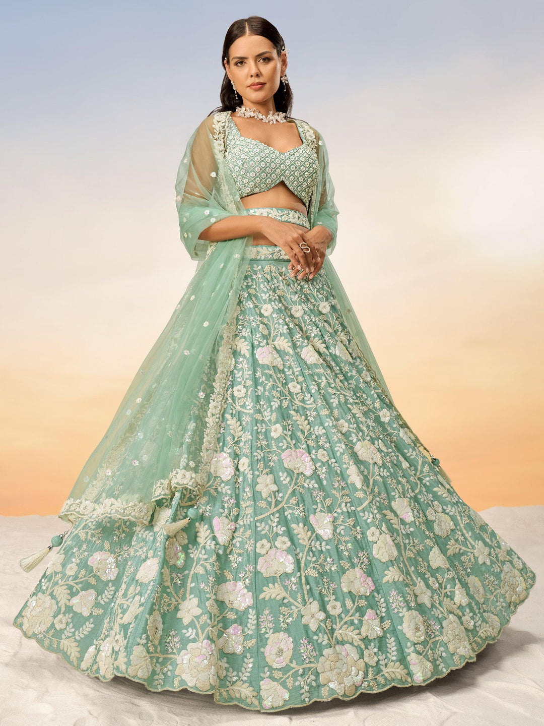 Sea Green Sequins Georgette Engagement Wear Lehenga Choli