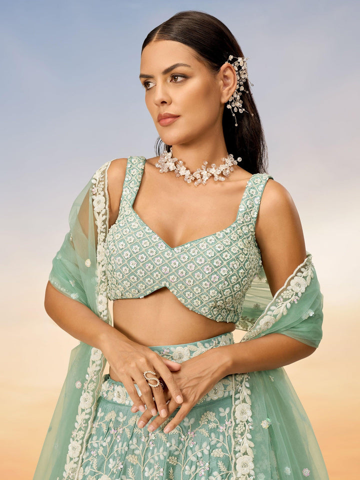 Sea Green Sequins Georgette Engagement Wear Lehenga Choli