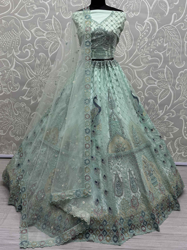 Sea Green Multi-Thread Work Net Lehenga Choli With Dupatta
