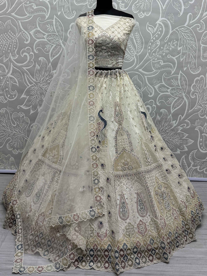 Off-White Sequins Net Wedding Lehenga Choli With Dupatta