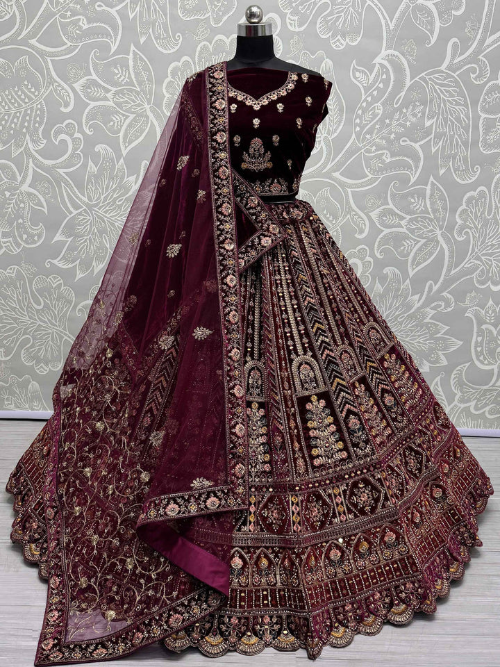 Maroon Velvet Bridal Lehenga Choli With Double Dupatta
