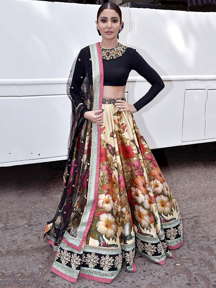 Cream Floral Printed Silk Wedding Lehenga Choli With Dupatta