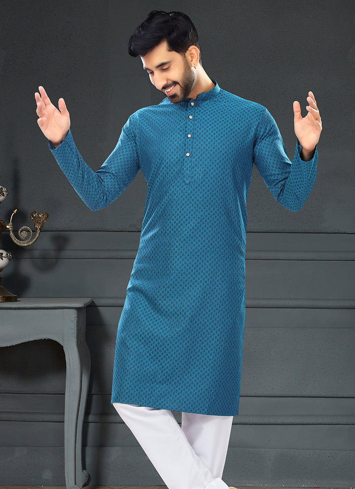 Aqua Blue Cotton Traditional Wear Jacquard Kurta Pajama