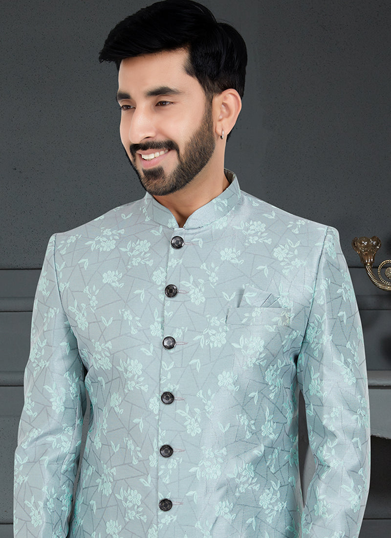 Aqua Sky Blue  Jecquard Traditional Wear Weaving Nawabi Indo Western