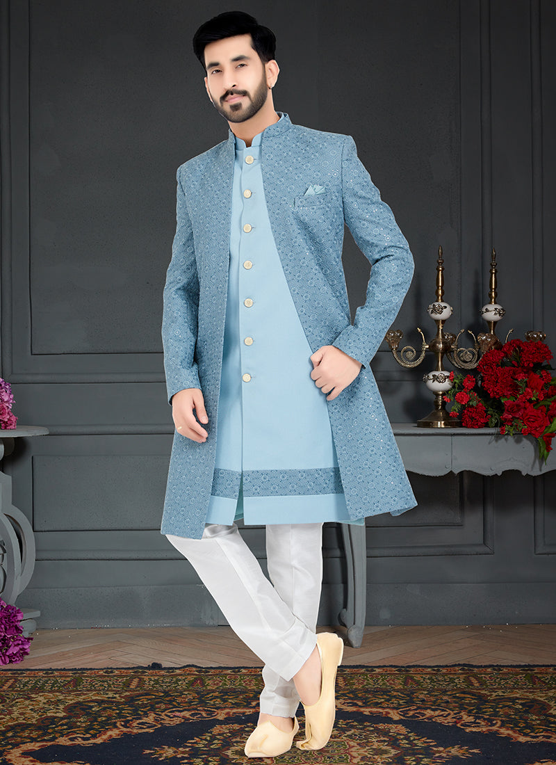 Aqua Sky Blue Sequence Embroidery Traditional Wear Weaving Italian Indo Western