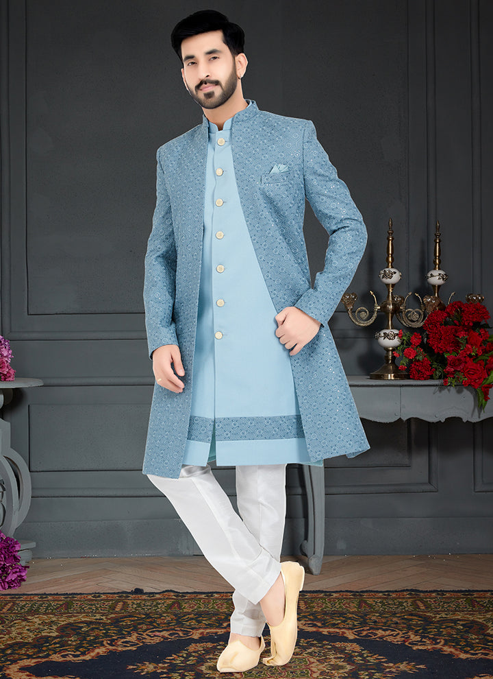 Aqua Sky Blue Sequence Embroidery Traditional Wear Weaving Italian Indo Western