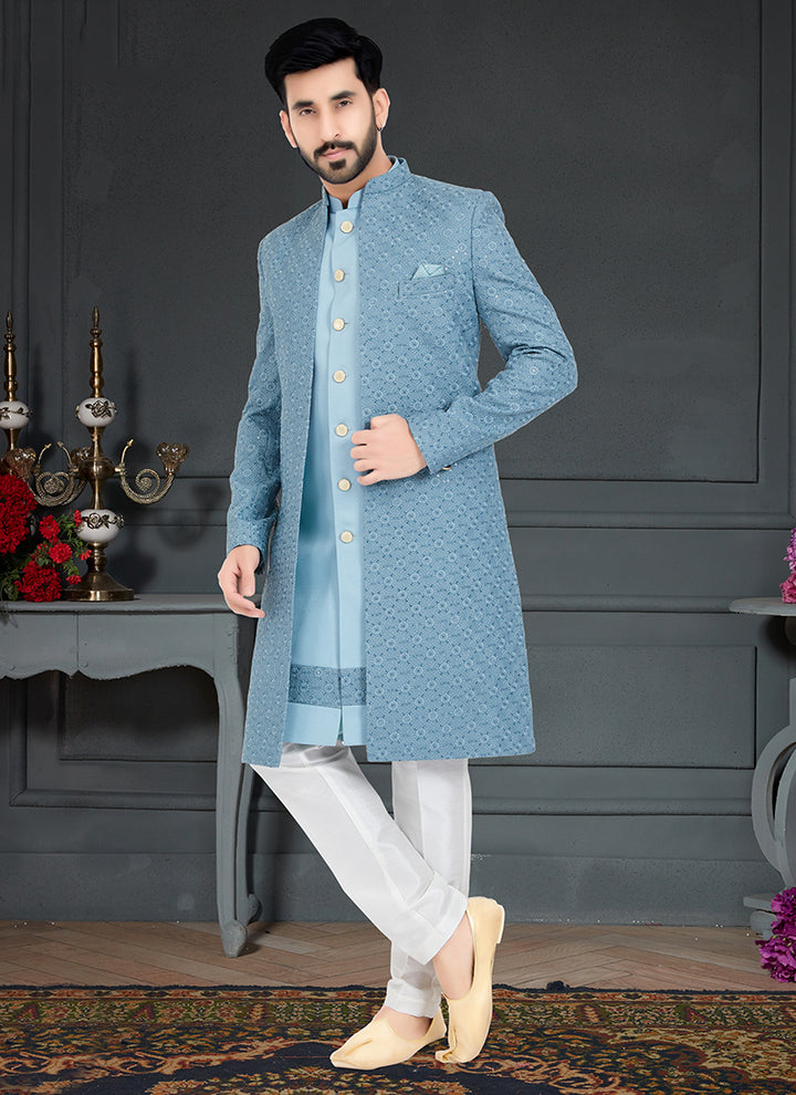 Aqua Sky Blue Sequence Embroidery Traditional Wear Weaving Italian Indo Western