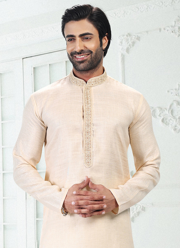 BAIGE Linen Cotton Traditional Wear Thread Work Kurta Pajama