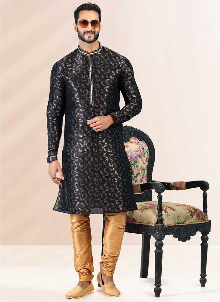 BLACK Banarasi Silk Festival Wear Jacquard Kurta Pajama