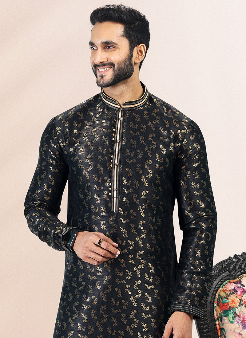 BLACK Banarasi Silk Festival Wear Jacquard Kurta Pajama