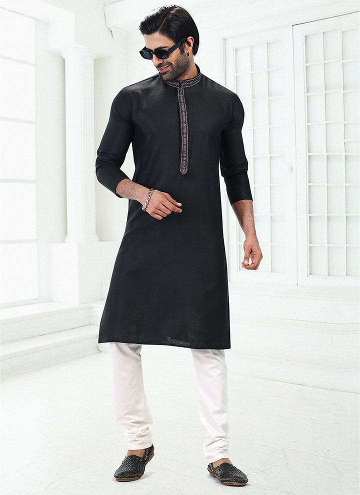 BLACK Linen Cotton Traditional Wear Thread Work Kurta Pajama
