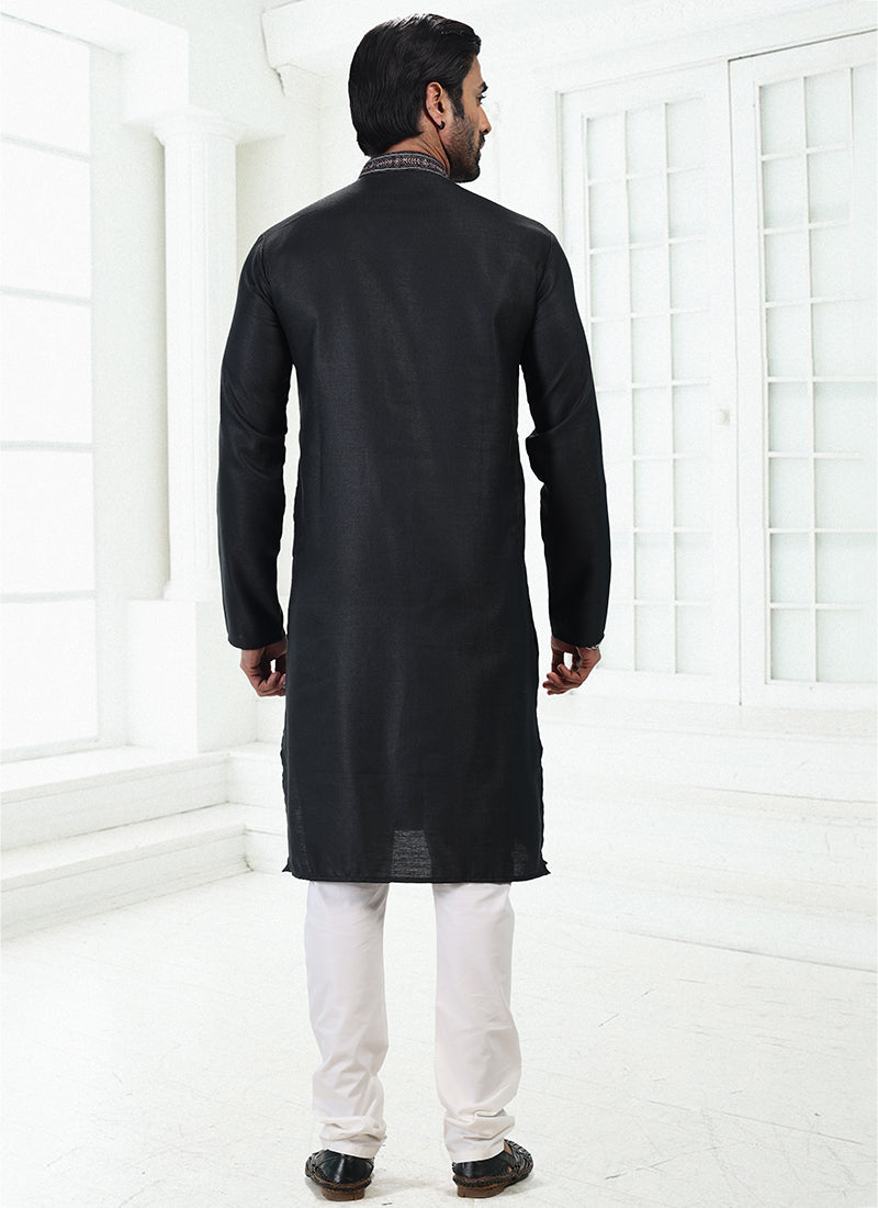 BLACK Linen Cotton Traditional Wear Thread Work Kurta Pajama