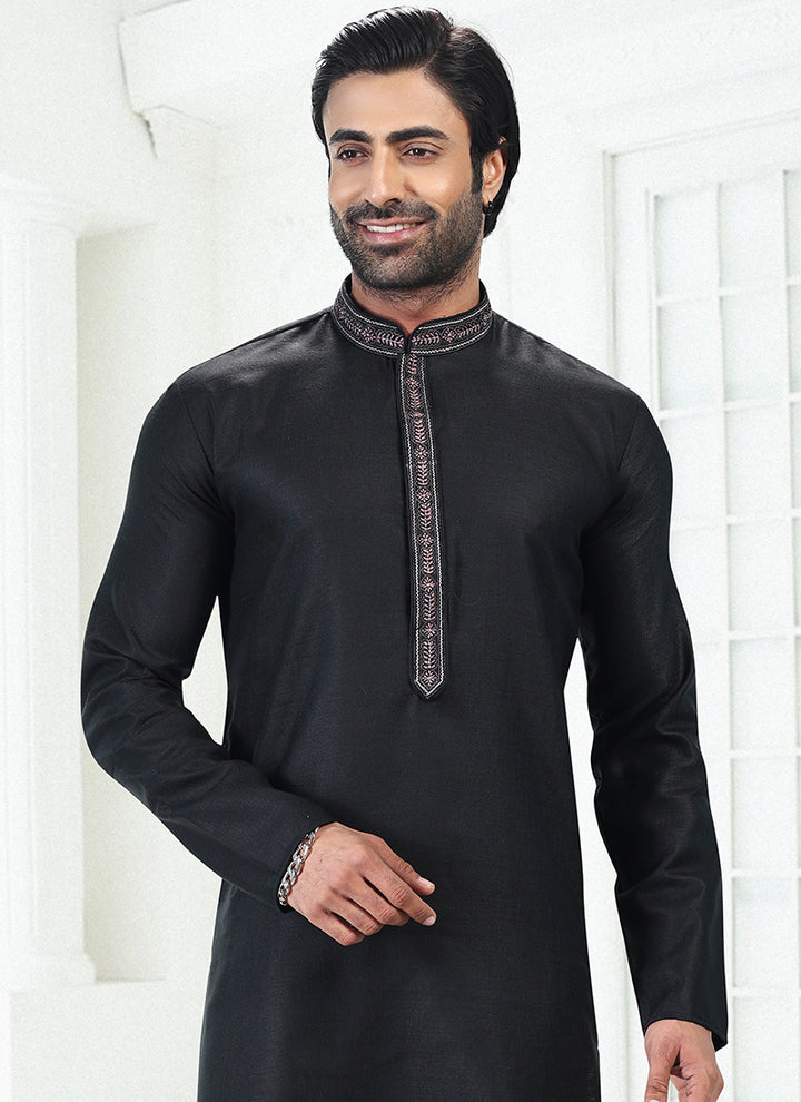 BLACK Linen Cotton Traditional Wear Thread Work Kurta Pajama