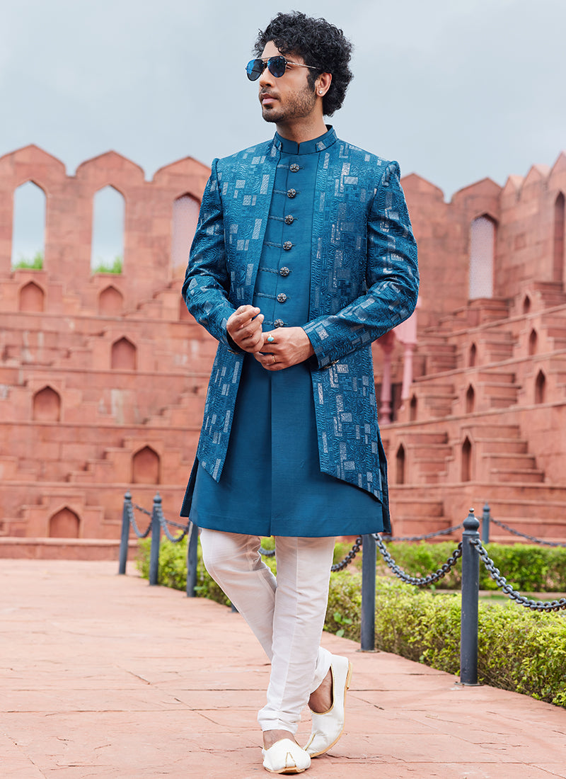 BLUE Art Silk Wedding Wear Thread Work 3 Pcs Jacket Set