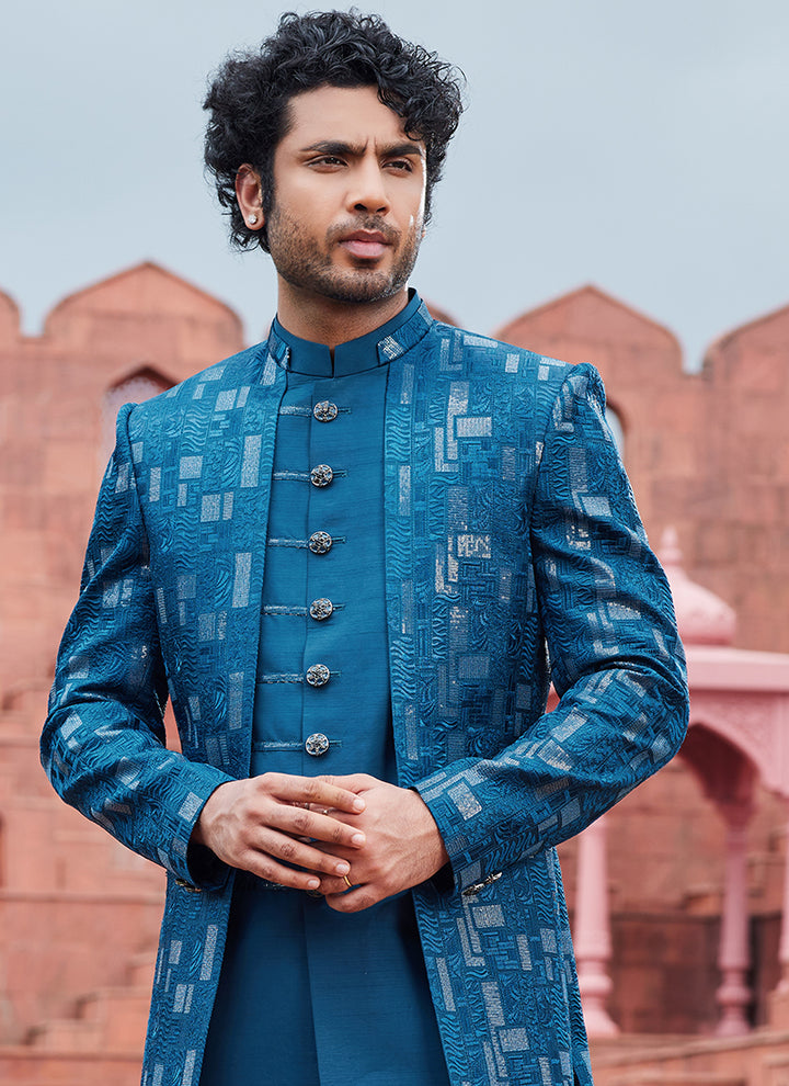 BLUE Art Silk Wedding Wear Thread Work 3 Pcs Jacket Set