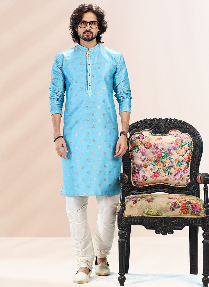 BLUE Banarasi Silk Festival Wear Jacquard Kurta Pajama