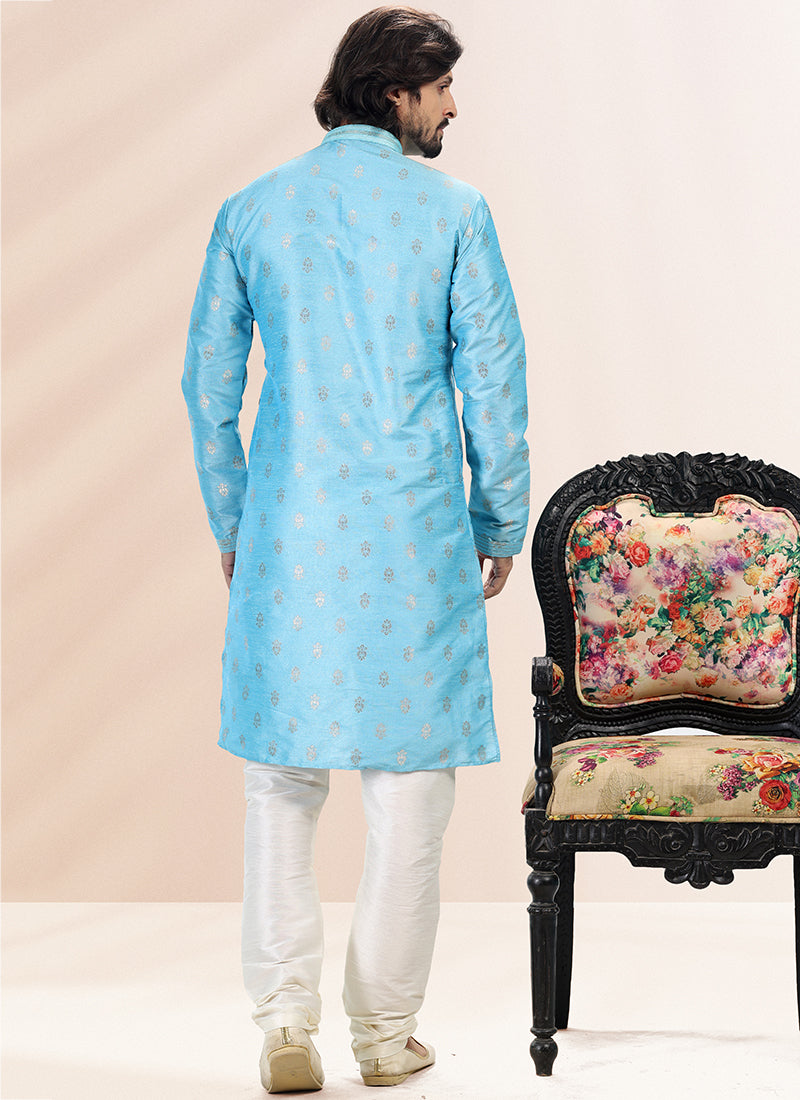 BLUE Banarasi Silk Festival Wear Jacquard Kurta Pajama