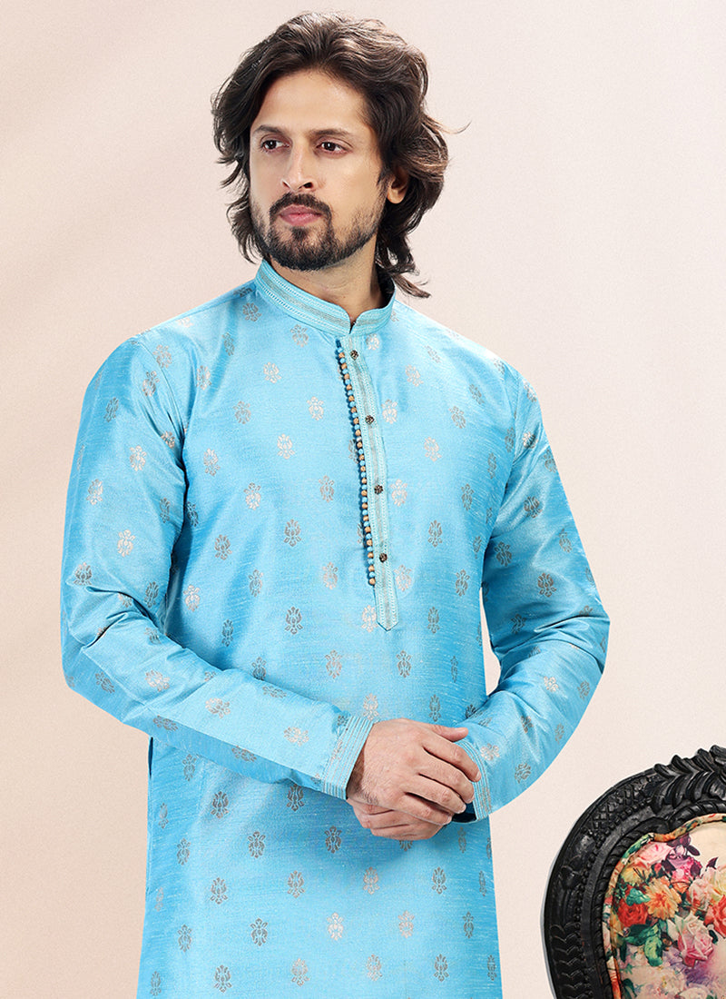 BLUE Banarasi Silk Festival Wear Jacquard Kurta Pajama
