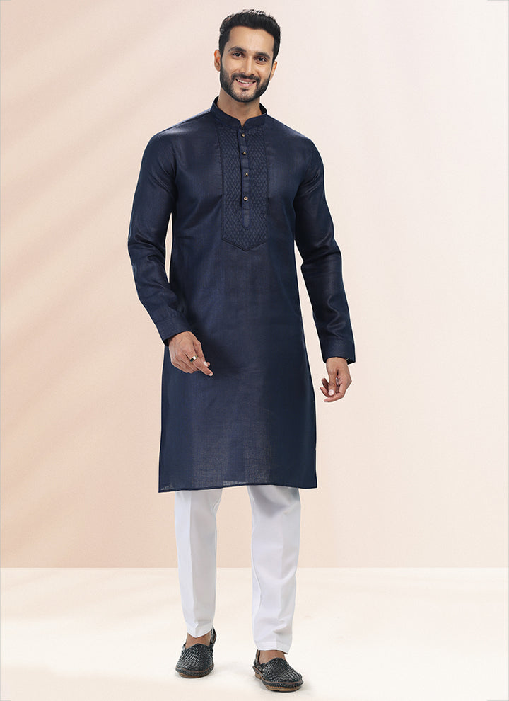 BLUE Cotton Linen Festival Wear Pintux Kurta Pajama