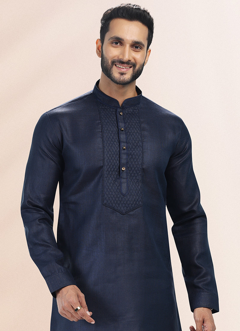 BLUE Cotton Linen Festival Wear Pintux Kurta Pajama