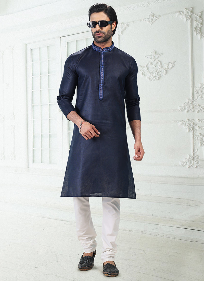 BLUE Linen Cotton Traditional Wear Thread Work Kurta Pajama