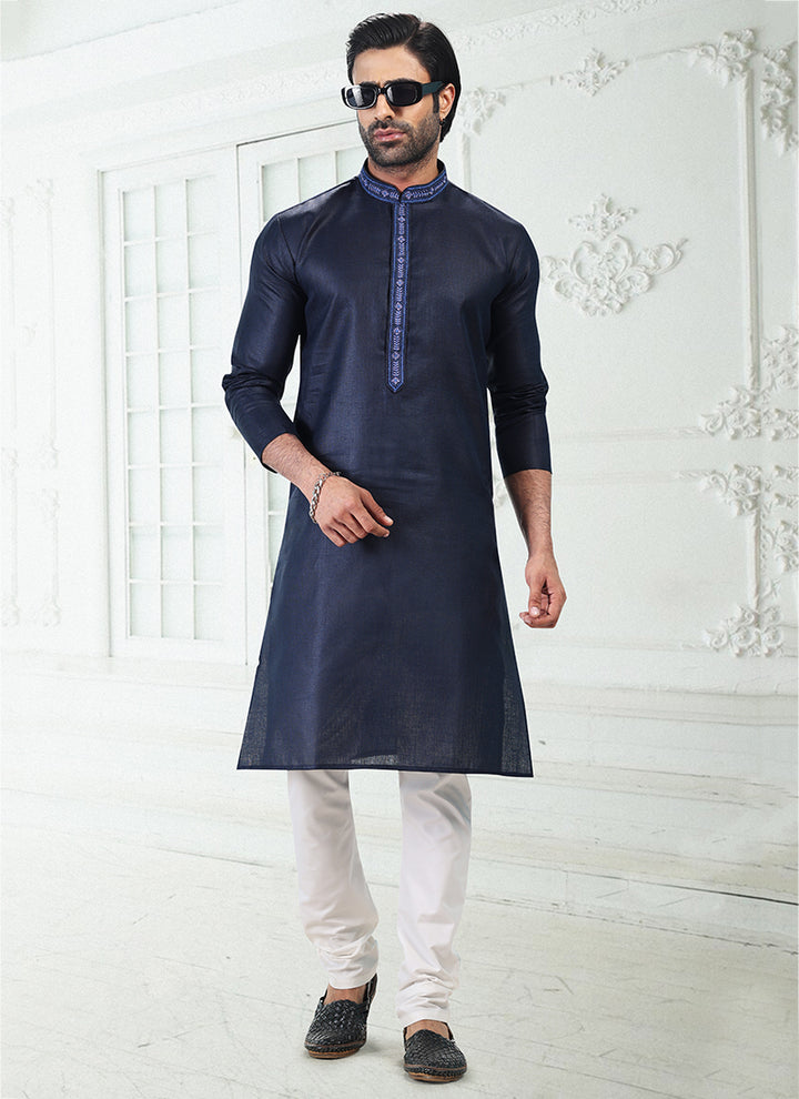 BLUE Linen Cotton Traditional Wear Thread Work Kurta Pajama