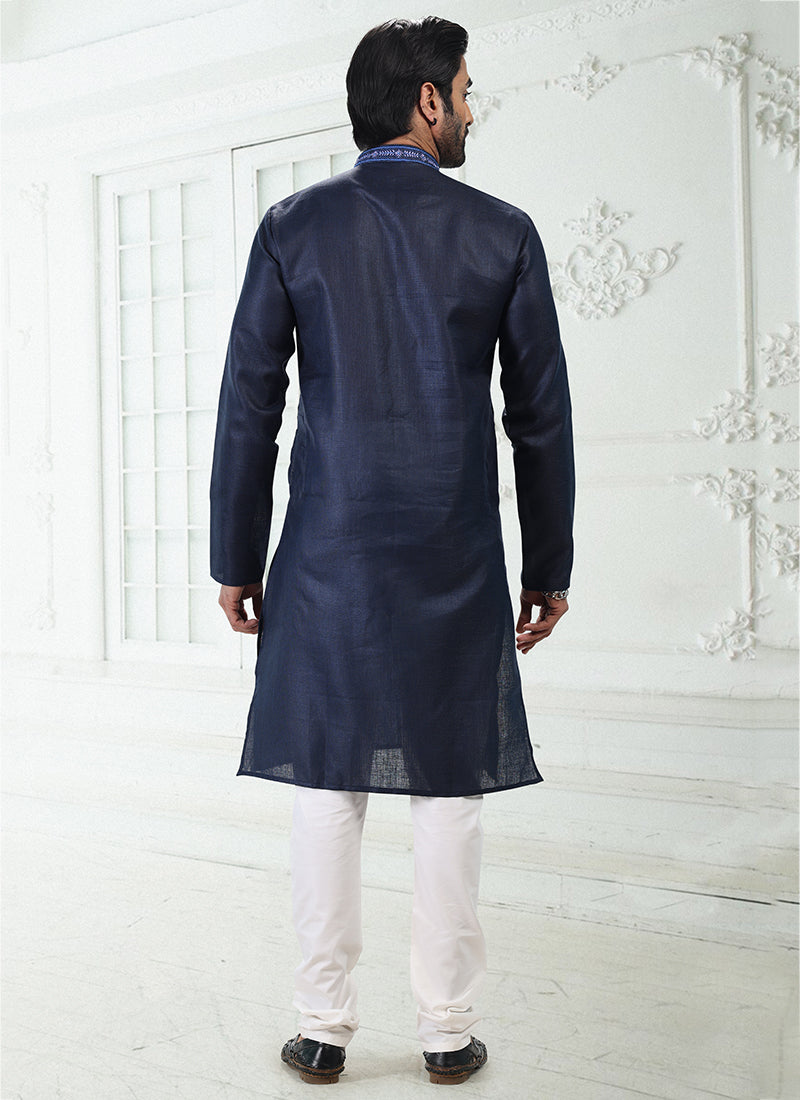 BLUE Linen Cotton Traditional Wear Thread Work Kurta Pajama