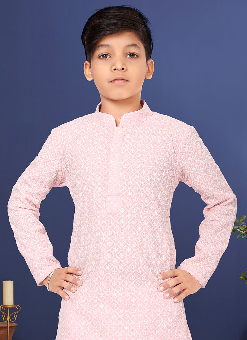 Georgette Baby Pink Wedding Wear Weaving Readymade Kurta Pajama