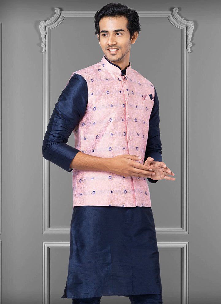 Jacquard Silk Baby Pink Festival Wear Embroidery Work Readymade Men's Waistcoat