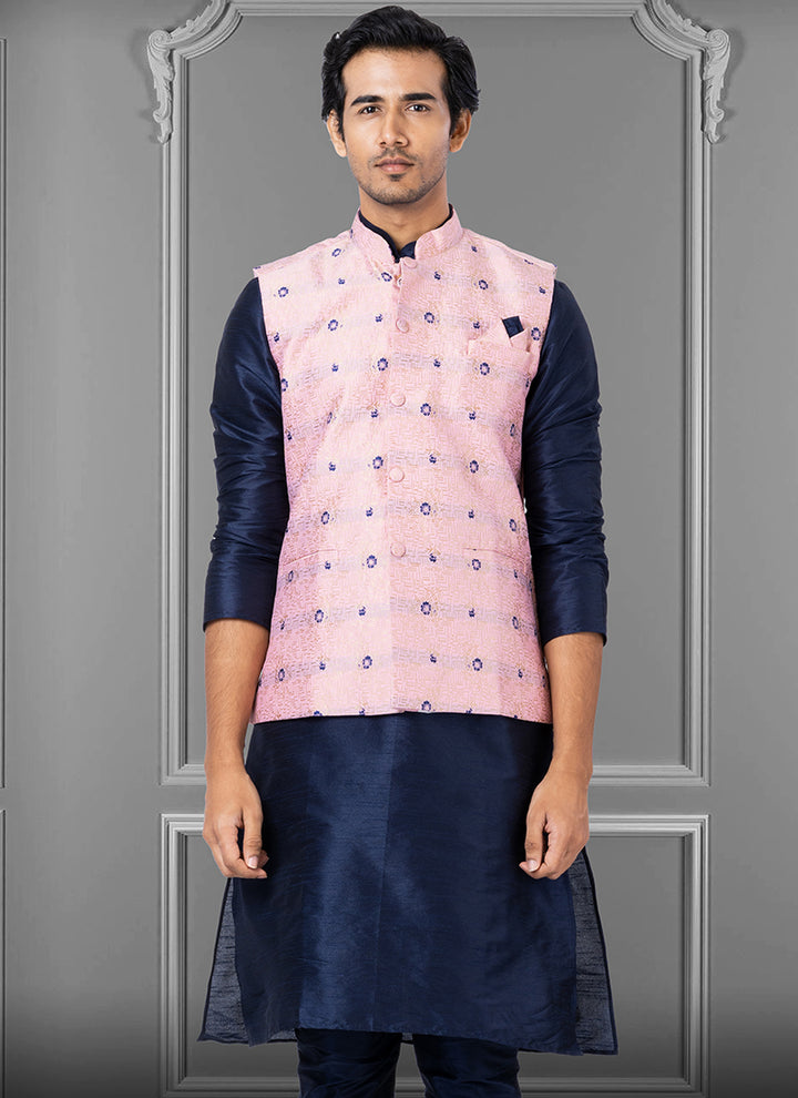 Jacquard Silk Baby Pink Festival Wear Embroidery Work Readymade Men's Waistcoat